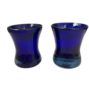Lot of 2 Vintage Hand Blown Thick Glass Pontil Mark Colbalt Blue 4.25" Cup